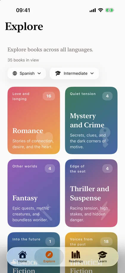The Explore screen: Spanish books at intermediate level, grouped into Romance, Mystery and Crime, Fantasy and Thriller.