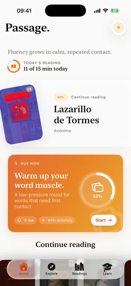 The Home screen: Lazarillo de Tormes 34% read, 11 of 15 minutes read today, and words due for review.