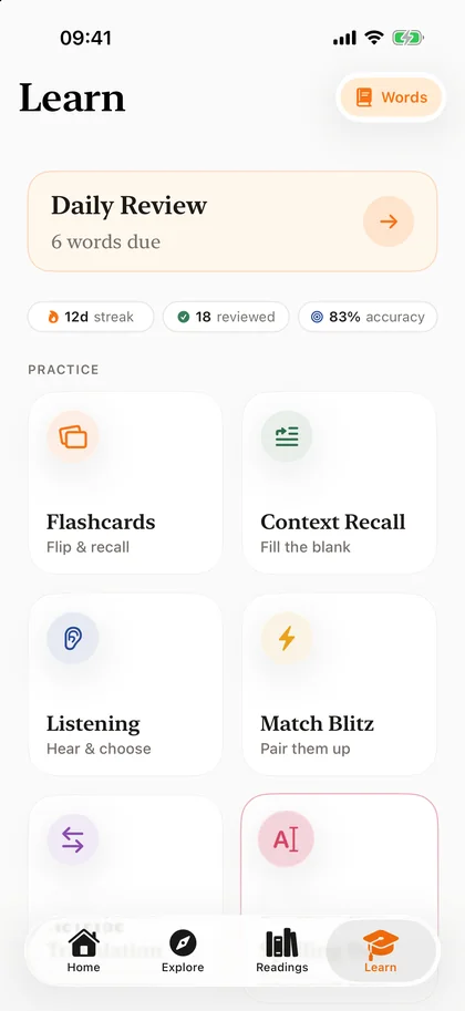The Learn screen: Daily Review with six words due, a 12-day streak, and games such as Flashcards, Context Recall, Listening and Match Blitz.